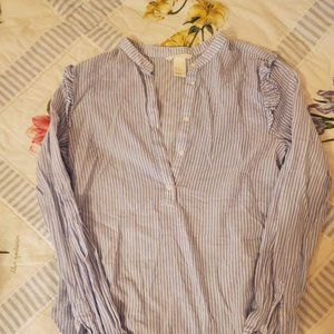 H&M Blue Collarless Button Up with ruffle shoulder